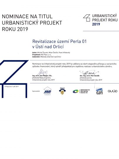 Náš návrh a regulační plán revitalizace brownfieldu Perla 01 v Ústí nad Orlicí je jedním ze tří nominovaných projektů na titul Urbanistický projekt roku 2019