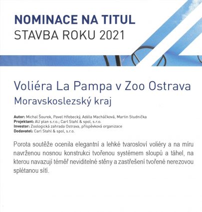 Voliéra La Pampa získala prestižní nominaci na titul Stavba roku 2021