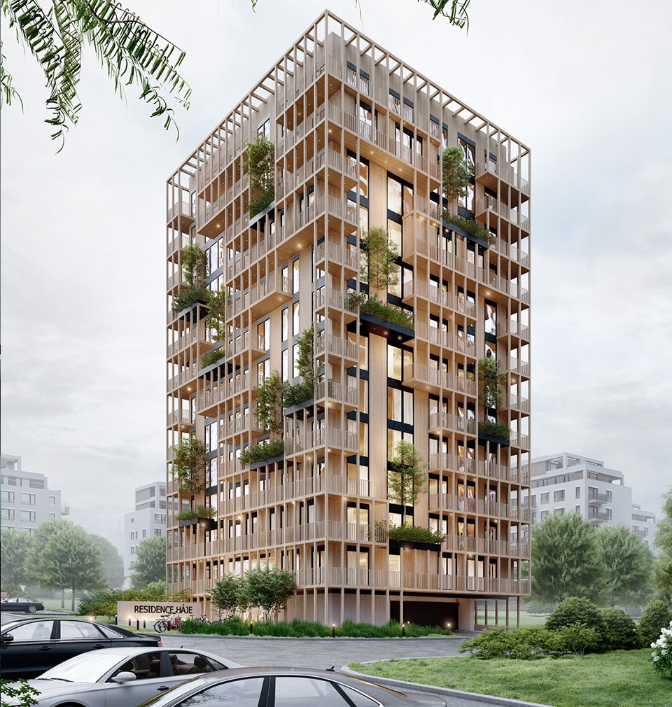 Kombinací klasických materiálů: betonu, dřeva a skla jsme v návrhu vytvořili netradiční fasádu rezidence Háje protkanou vertikální zahradou
