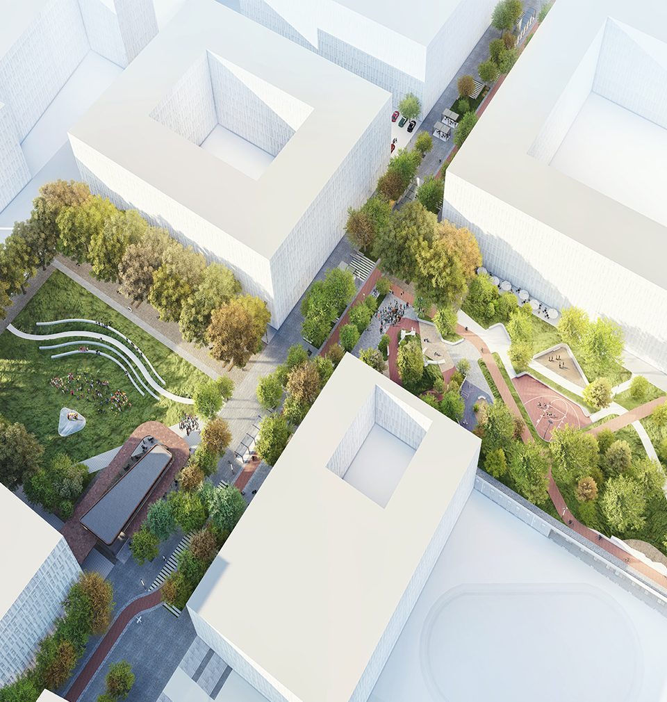 Plánovaná čtvrť Smíchov City získá pěší bulvár se zahradním pavilonem a dva městské parky s amfiteátrem, dětskými a sportovními hřišti podle našeho návrhu a projektu