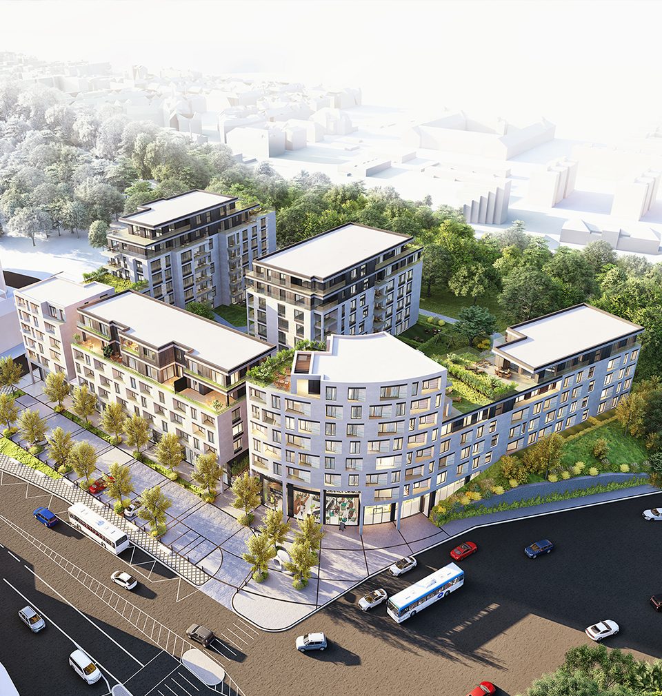 Náš návrh bytových domů s aktivním parterem mění nároží křižovatky Ohrada v Praze v nové, přívětivé náměstí