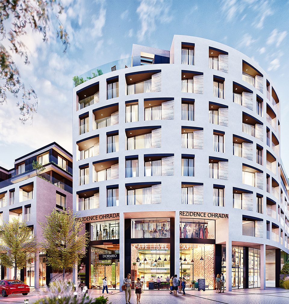 Náš návrh bytových domů s aktivním parterem mění nároží křižovatky Ohrada v Praze v nové, přívětivé náměstí