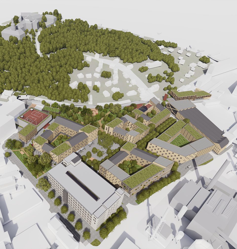 V sousedství centra města Náchod jsme navrhli atraktivní veřejný prostor a uhlíkově neutrální polyfunkční výstavbu